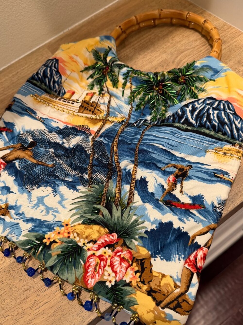 Retro Tropical Hawaiian Print Tote Bag with Bamboo Handles - Picture 8 of 9